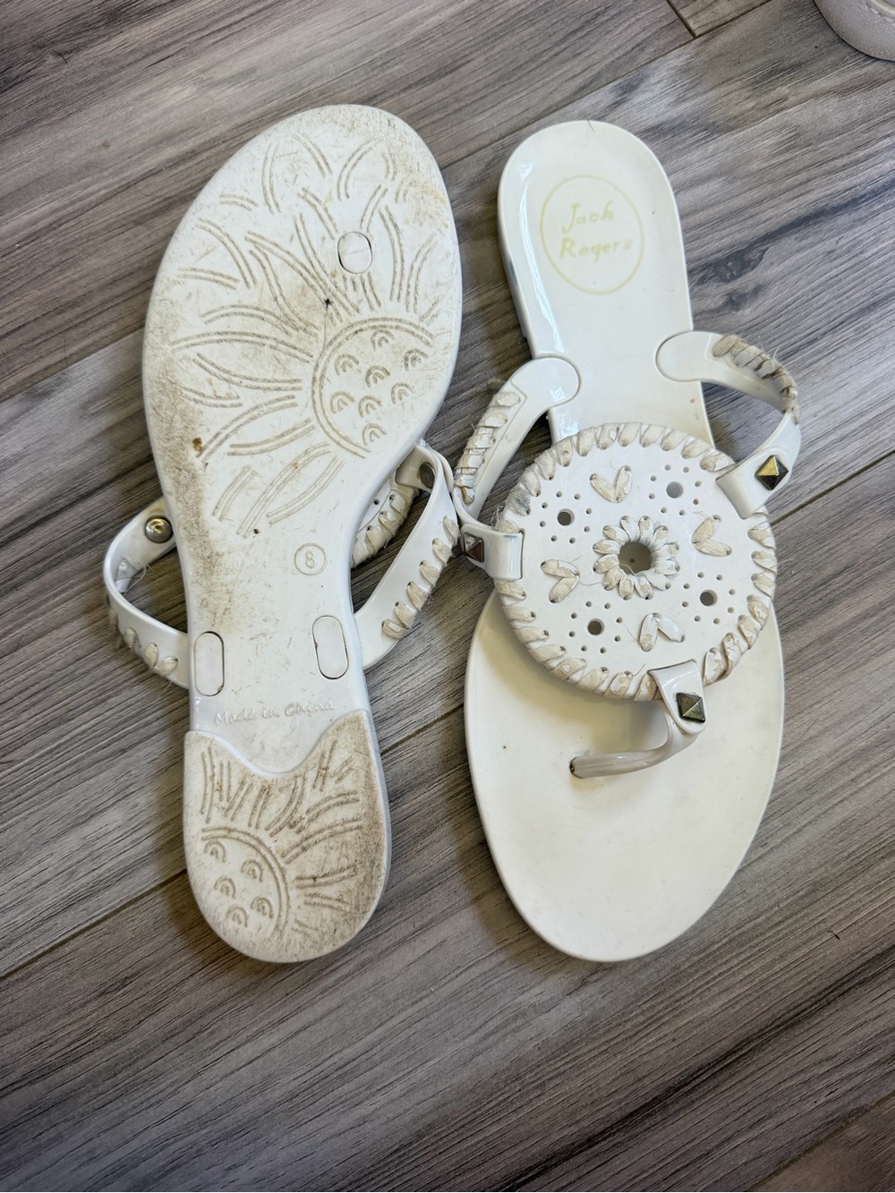 Jack Rogers White Leather Whipstitch Medallion Sandals - Women's